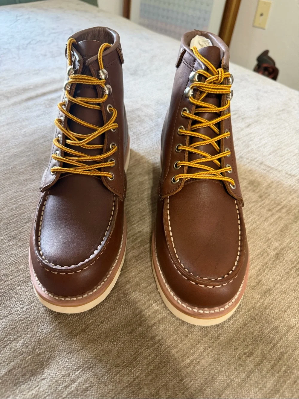 Men's Brown Leather Moc Toe Work Boots with Yellow Laces